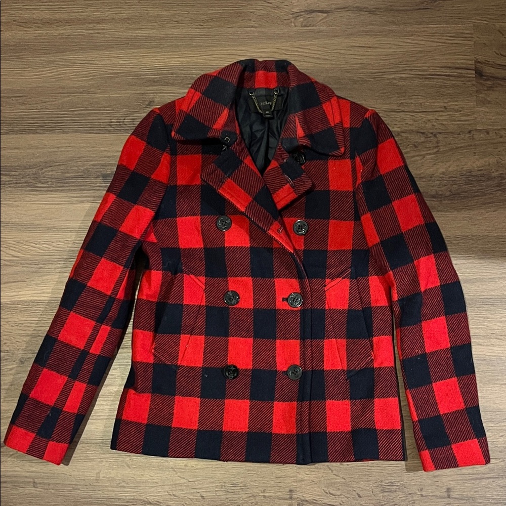 J. Crew Red and Navy Checkered Women's Peacoat